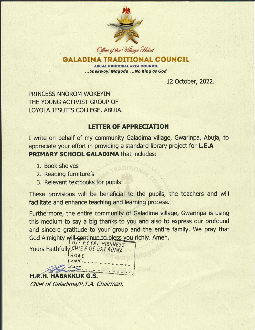 Letter of appreciation from the Galadima Traditional Council, Abuja Municipal Area Council